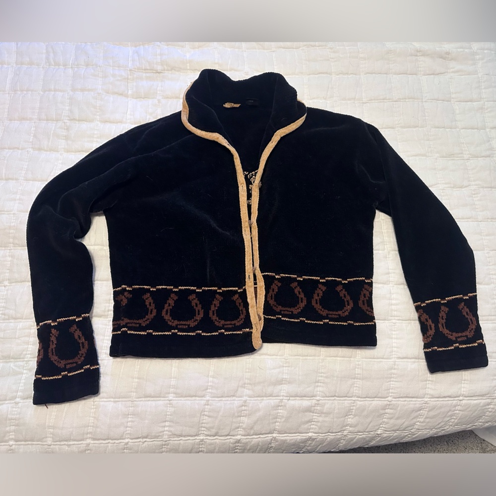 TSUNAMI Horse Sweater/ Black Velvet Hooded Jacket with Brown Trim - Picture 2 of 5